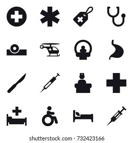 16 vector icon set : hospital, invalid, bed, syringe
