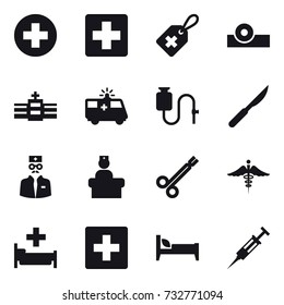 16 vector icon set : hospital, first aid, bed, syringe