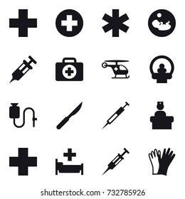 16 vector icon set : hospital, syringe, gloves