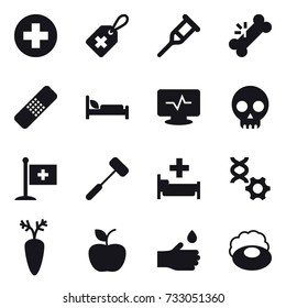 16 vector icon set : hospital, apple, hand drop, soap