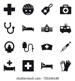 16 vector icon set : hospital, first aid, bed, gloves
