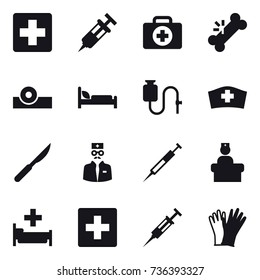 16 vector icon set : hospital, first aid, syringe, gloves