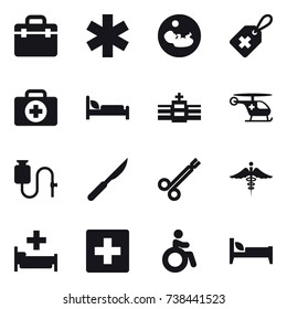 16 vector icon set : hospital, first aid, invalid, bed