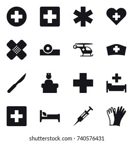 16 vector icon set : hospital, first aid, bed, syringe, gloves