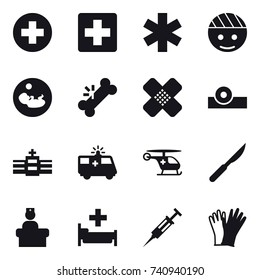 16 vector icon set : hospital, syringe, gloves