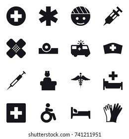 16 vector icon set : hospital, first aid, invalid, bed, gloves