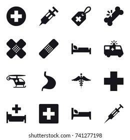 16 vector icon set : hospital, first aid, bed, syringe