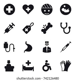 16 vector icon set : hospital, invalid, gloves