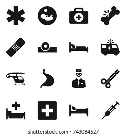 16 vector icon set : hospital, first aid, bed, syringe