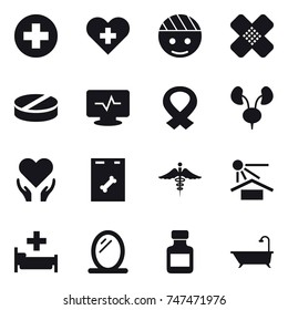 16 vector icon set : hospital, mirror, pills bottle, bath