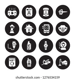 16 vector icon set : hot plate, Video camera, Walkie talkie, Washing machine, Webcam, Vacuum cleaner, percolator, trimmer, rotisserie isolated on black background