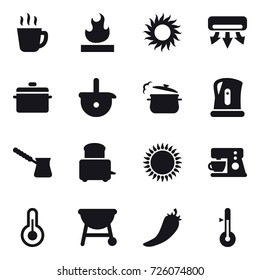 16 vector icon set : hot drink, sun, air conditioning, pan, steam pan, kettle, turk, hot pepper, thermometer