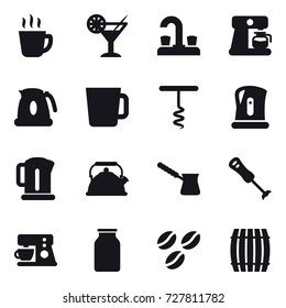 16 vector icon set : hot drink, cocktail, water tap, coffee maker, kettle, cup, corkscrew, turk, coffee seeds, barrel