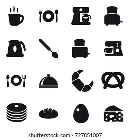 16 vector icon set : hot drink, cafe, coffee maker, toaster, kettle, big spoon, bread, egg, cheese