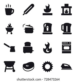 16 vector icon set : hot drink, fireplace, bbq, steam pan, kettle, turk, sun, iron