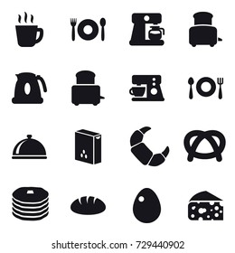 16 vector icon set : hot drink, cafe, coffee maker, toaster, kettle, bread, egg, cheese