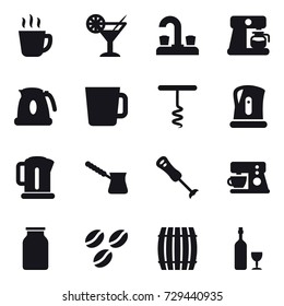 16 vector icon set : hot drink, cocktail, water tap, coffee maker, kettle, cup, corkscrew, turk, coffee seeds, barrel, wine