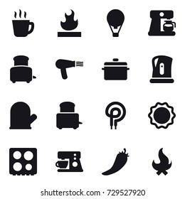 16 vector icon set : hot drink, air ballon, coffee maker, toaster, hair dryer, pan, kettle, cook glove, hot pepper, fire