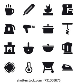 16 vector icon set : hot drink, coffee maker, kettle, hair dryer, pan, corkscrew, fireplace, cauldron, iron