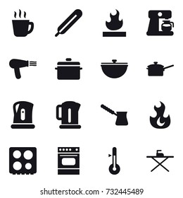 16 vector icon set : hot drink, coffee maker, hair dryer, pan, cauldron, saute pan, kettle, turk, thermometer, iron board
