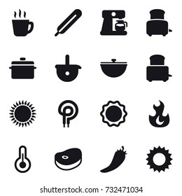 16 vector icon set : hot drink, coffee maker, toaster, pan, cauldron, hot pepper, sun