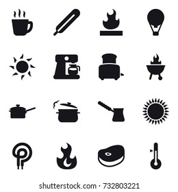 16 vector icon set : hot drink, air ballon, sun, coffee maker, toaster, bbq, saute pan, steam pan, turk, thermometer
