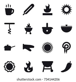 16 vector icon set : hot drink, sun, corkscrew, bbq, cauldron, saute pan, cook glove, hot pepper