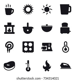16 vector icon set : hot drink, sun, cup, fireplace, cauldron, thermometer, fire, iron