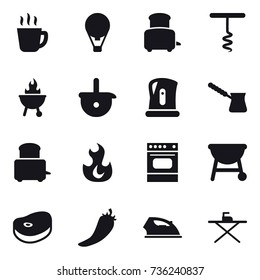 16 vector icon set : hot drink, air ballon, toaster, corkscrew, bbq, kettle, turk, hot pepper, iron, iron board