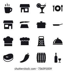 16 vector icon set : hot drink, shop, cocktail, cafe, cutting board, pan, cook hat, chef  hat, hot pepper, barrel, wine