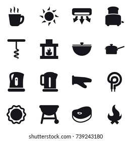 16 vector icon set : hot drink, sun, air conditioning, toaster, corkscrew, fireplace, cauldron, saute pan, kettle, cook glove, fire