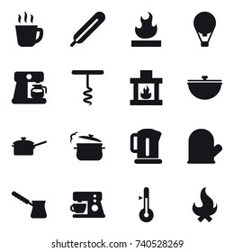 16 vector icon set : hot drink, air ballon, coffee maker, corkscrew, fireplace, cauldron, saute pan, steam pan, kettle, cook glove, turk, thermometer, fire
