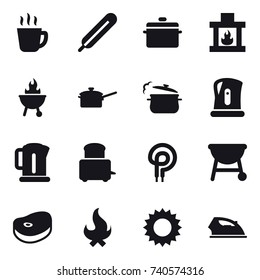 16 vector icon set : hot drink, pan, fireplace, bbq, saute pan, steam pan, kettle, fire, sun, iron