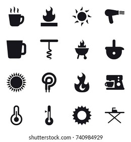16 vector icon set : hot drink, sun, hair dryer, cup, corkscrew, bbq, thermometer, iron board