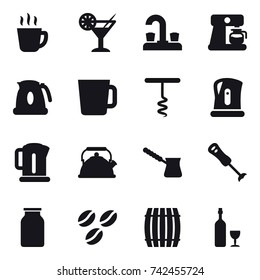 16 vector icon set : hot drink, cocktail, water tap, coffee maker, kettle, cup, corkscrew, turk, coffee seeds, barrel, wine
