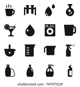 16 vector icon set : hot drink, cocktail, drop, washing machine, cup, measuring cup, sprayer, shampoo, cleanser, liquid soap, toilet cleanser