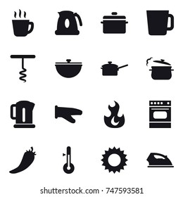 16 vector icon set : hot drink, kettle, pan, cup, corkscrew, cauldron, saute pan, steam pan, cook glove, hot pepper, thermometer, sun, iron