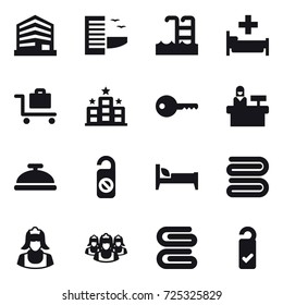16 vector icon set : hotel, pool, hospital, baggage trolley, key, reception, service bell, do not distrub, bed, towel, cleaner, outsource, stack of towels, please clean