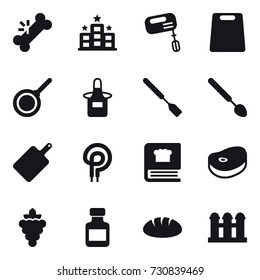 16 vector icon set : hotel, mixer, cutting board, pan, apron, spatula, big spoon, grape, pills bottle, bread, grain elevator