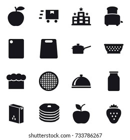 16 vector icon set : hotel, toaster, cutting board, saute pan, kolander, chef  hat, apple, strawberry