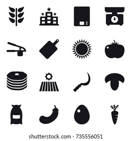 16 vector icon set : hotel, kitchen scales, garlic clasp, cutting board, field, sickle, mushroom, flour, eggplant, egg, carrot