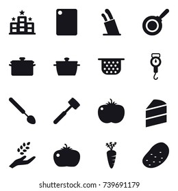16 vector icon set : hotel, cutting board, stands for knives, pan, colander, handle scales, big spoon, meat hammer, harvest, tomato, carrot, potato