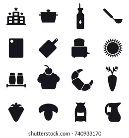 16 vector icon set : hotel, pan, ladle, cutting board, berry, mushroom, flour, jug