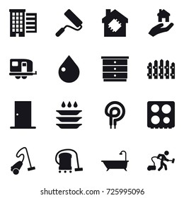 16 vector icon set : houses, repair, smart house, real estate, trailer, drop, chest of drawers, fence, door, plate washing, vacuum cleaner, bath
