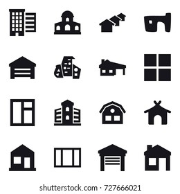 16 vector icon set : houses, mansion, slum, garage, modern architecture, house with garage, window, building, house, bungalow, home