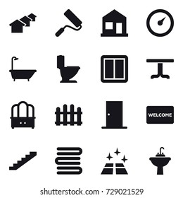 16 vector icon set : houses, repair, home, barometer, bath, toilet, power switch, table, dresser, fence, door, welcome mat, stairs, towels, clean floor, water tap sink