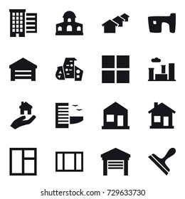 16 vector icon set : houses, mansion, slum, garage, modern architecture, window, city, real estate, hotel, home, scraper