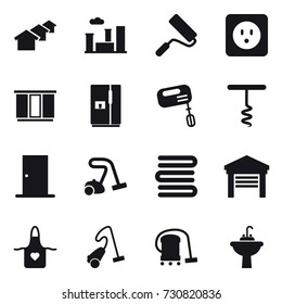 16 vector icon set : houses, city, repair, power socket, wardrobe, fridge, mixer, corkscrew, door, vacuum cleaner, towels, garage, apron, water tap sink