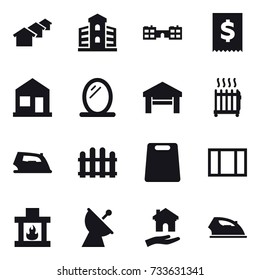 16 vector icon set : houses, building, school, home, mirror, garage, radiator, iron, fence, cutting board, window, fireplace, satellite antenna, housing