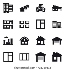 16 vector icon set : houses, modern architecture, house with garage, modular house, panel house, window, district, city, house, home, garage